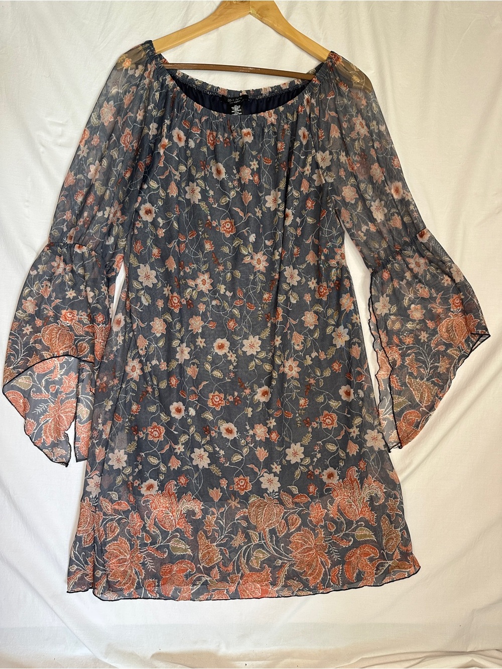 Sheer Floral Off-Shoulder Sheer Dress in Charcoal and Rust